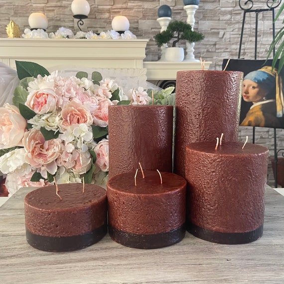 Brown Three Wick Pillar Candles - Set of Five