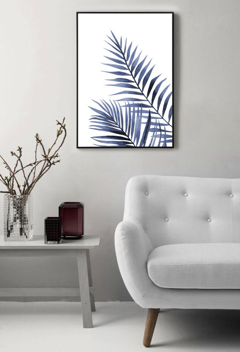 Blue Leaves Print Poster at Home Indigo Blue Watercolour Etsy