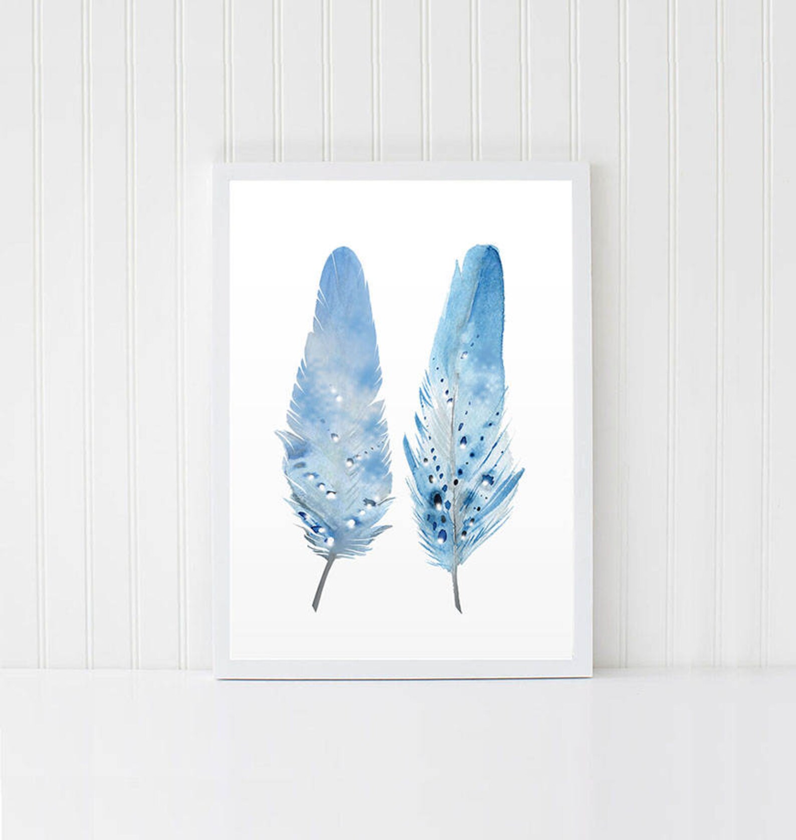 Feather wall art Set of 3 feather art Blue feather print Etsy