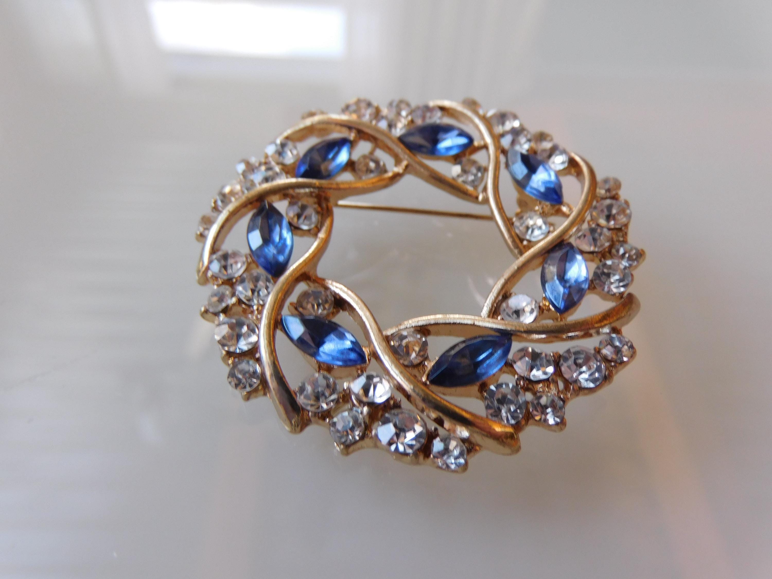 Broche Ancienne En Perles Et Pierre Bleue - Métal Plaqué Or Jaune - Bijou Vintage Occasion