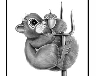 Squirrel Devil Digital Download Print Pencil Drawing Cute Pitchfork Illustration