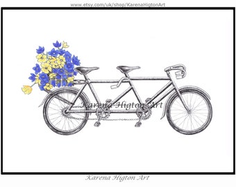 Tandem Bike Print Digital Download Blue Yellow Flower Basket Design Wedding Invitations Stationery Printable