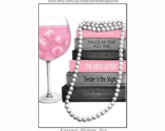 Gin Book Stack Digital Download Print Pink Pearls Flapper 1920s Pencil Drawing