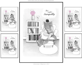 Personalised Book Print, Custom Pet Portrait, Gin Lover, Woman Reading, Pencil Drawing