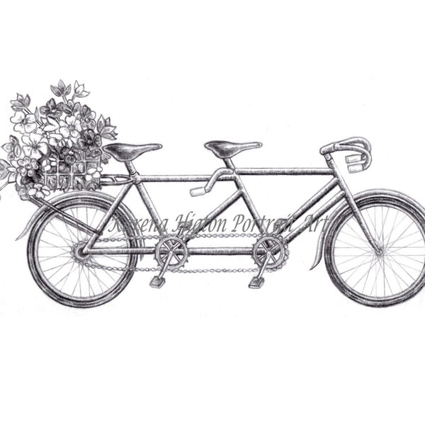 Tandem Bike Print Digital Download File Flower Basket Design Wedding Invitations Stationery Printable
