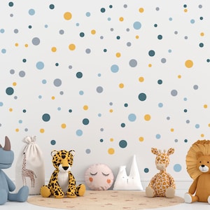 Pack of 160 Polka Dots Nursery Wall Stickers, Blue Grey Mustard Yellow Baby Room Wall Decals, Playroom Decor, Scandinavian Wall Stickers