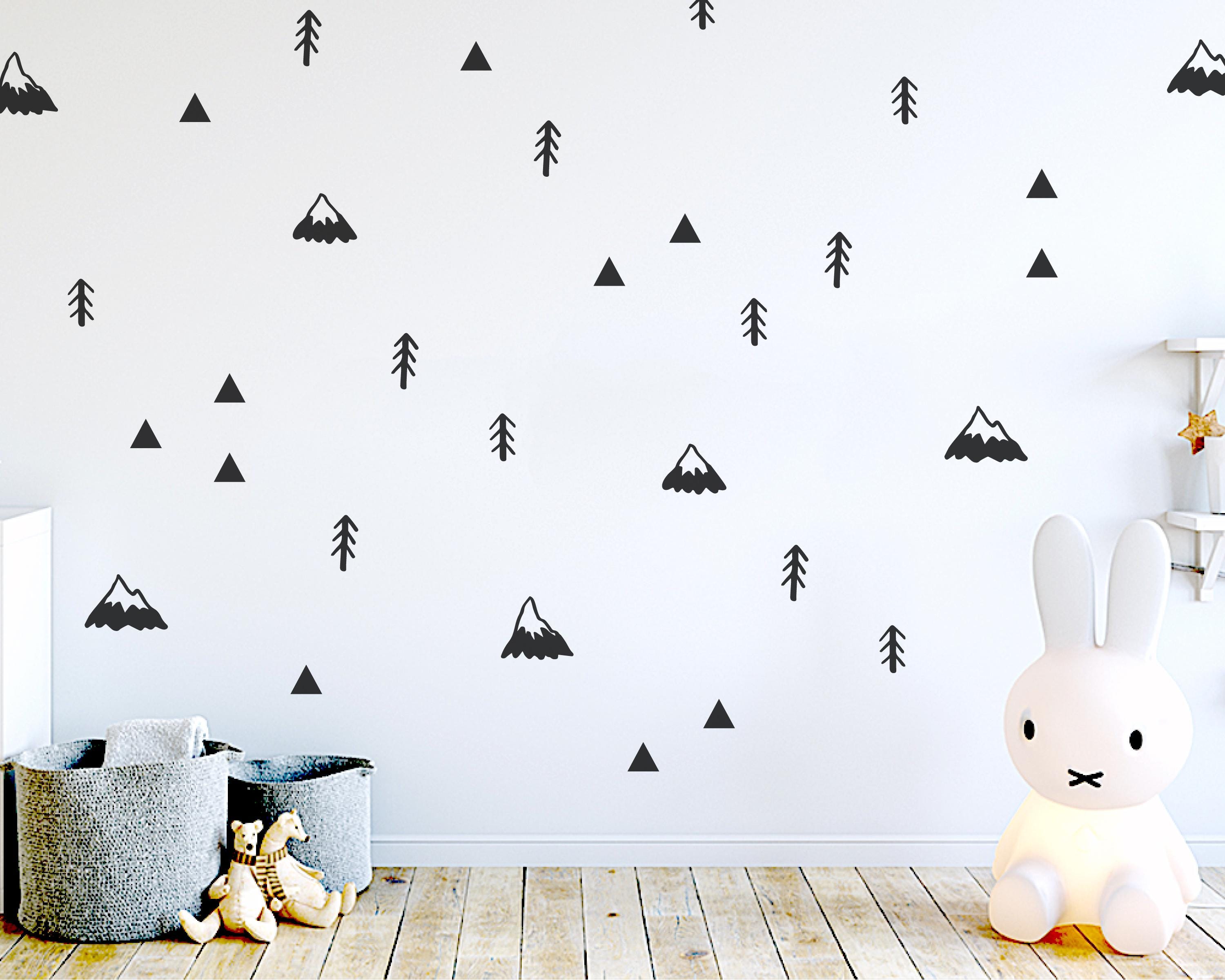 Scandinavian Style Wall Stickers for Nursery and Kids Room, Woodland Wall Decals, Mountain, Tree and Triangle Pattern Playroom Wall Decor