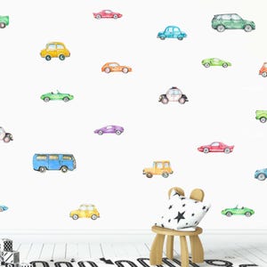 Naklejki ścienne z akwarelowymi pojazdami, samochody sportowe, SUV, kampery, policyjne samochody, ciężarówki, naklejki do pokoju dziecięcego, wystrój pokoju dziecięcego z motywem transportu