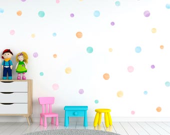 Vinilos decorativos de pared con lunares de acuarela y pegatinas de puntos arcoíris para la habitación del bebé o de los niños.