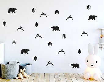 Mountains Pattern Wall Decals, Woodland Wall Stickers, Mountain Tree Bear Stickers, Scandinavian Nursery Wall Stickers, Playroom Wall Decor