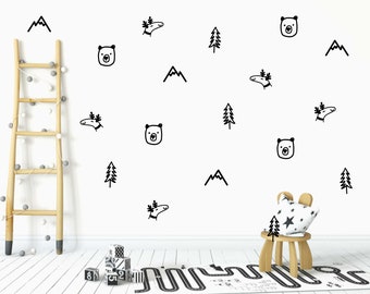 Mountains Woodland Pattern Wall Stickers, Nursery Scandinavian Wall Decals, Neutral Playroom Wall Stickers, Mountain Tree Bear Elk Decals