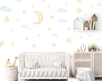 Watercolor Moon, Stars, Clouds Wall Decals: Nursery Sky Decor (Pack of 70)