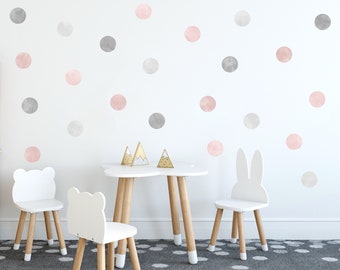 Pack of 40 Pink and Grey Watercolour Polka Dot Wall Stickers (4 inches) Grey Watercolour Spot Wall Decals, Pink Watercolour Nursery Stickers