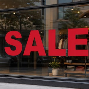 以下が含まれることがあります： ガラス面に太い赤色の大文字で「SALE」と書かれた大きな店舗のショーウィンドウ。透明な窓越しに、店内の様々な衣類が掛けられたハンガーラックと、棚の上に置かれた小さな鉢植えの植物が見える。