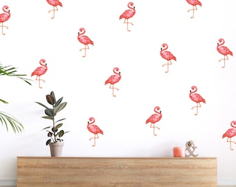 Pegatinas de pared de acuarela de flamencos / Calcomanías de aves tropicales para guardería / Decoración de habitación de niñas