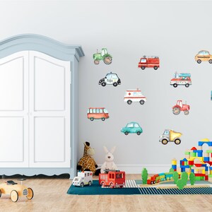 Watercolour road vehicle wall decals, Cars nursery wall stickers, Transportation playroom decor, Police, Fire truck, City trucks, Tractor image 2