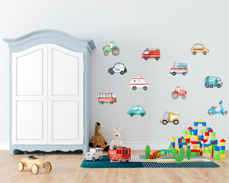 Watercolour road vehicle wall decals, Cars nursery wall stickers, Transportation playroom decor, Police, Fire truck, City trucks, Tractor image 2