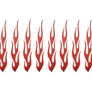 May include: Eight red flame decals with a textured finish are arranged in a row against a white background. Each flame has a pointed top and a curved, flowing design. The decals are evenly spaced, forming a repeating pattern.