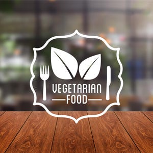 Adhesivo de vinilo con comida vegetariana, letrero con comida vegetariana disponible aquí para cafetería, restaurante de delicatessen, calcomanía para ventana con comida vegetariana