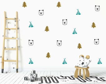Woodland Wall Decals, Scandinavian Nursery Wall Stickers, Minimalist Baby Room Decor, Tree, Bear and Tent Pattern Wall Decals for Playroom