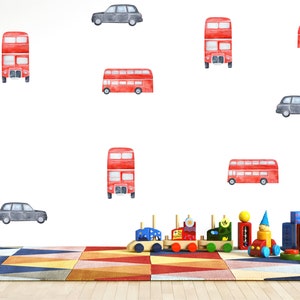 Opakowanie 15 naklejek ściennych z motywem Londynu, naklejki ścienne z motywem transportu w Londynie, naklejki z czerwonym autobusem w Londynie, naklejka z taksówką w kolorze czarnym w Londynie, brytyjski wystrój pokoju dziecięcego