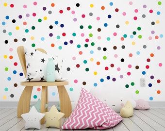 Pack of 250 small colourful polka dot wall stickers, Kids room wall decals, Rainbow nursery wall stickers, Confetti playroom wall stickers