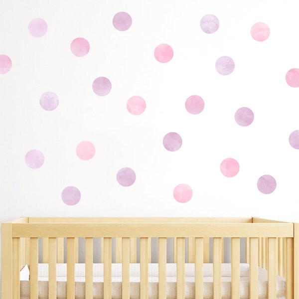 Pink and Purple Watercolour Polka Dots Wall Stickers, Pink and Lilac Spots Wall Decals, Violet Nursery Wall Stickers, Baby Girl Room Decor