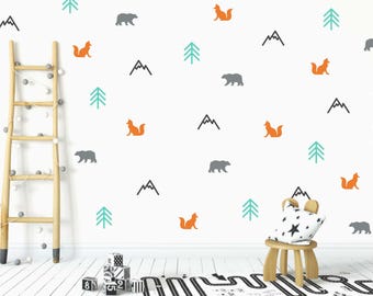 Woodland Nursery Wall Decals: Scandinavian Forest Animals, Trees, Mountains (32 Pack)