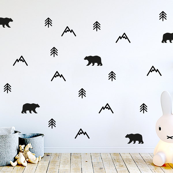Mountains Pattern Wall Decals, Woodland Wall Stickers, Mountain Tree Bear Stickers, Scandinavian Nursery Wall Stickers, Playroom Wall Decor