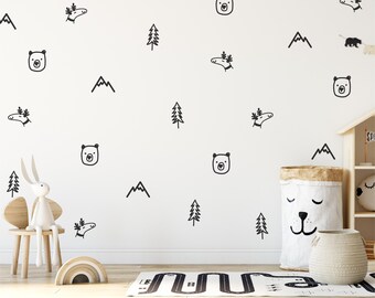 Woodland Nursery Wall Decals: Scandinavian Mountain, Tree, Bear (24 Pack)