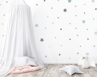 Pack of 150 Star Stickers for Nursery, Baby Room Wall Decals, Playroom Wall Decor, Wall Stickers for Kids Bedroom - Mint and Grey