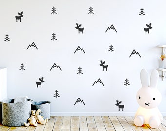 Mountains Pattern Wall Decals, Woodland Wall Stickers, Mountain Tree Elk Nursery Wall Sticker, Scandinavian Playroom Wall Decor