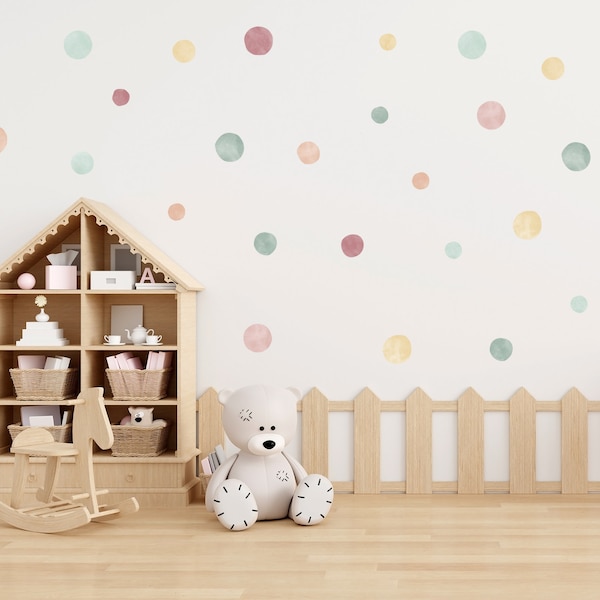 Weiche Pastell Aquarell Polka Dot Wandaufkleber für Kinderzimmer, Regenbogen Kinderzimmer Wandaufkleber, Unregelmäßige Boho Spielzimmer Flecken Wandtattoos