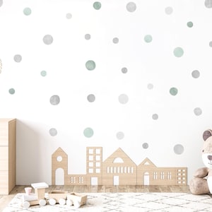 Pack of 140 Irregular Watercolour Polka Dot Wall Stickers, Sage Green and Grey Gender Neutral Nursery Decor, Spots Wall Decals