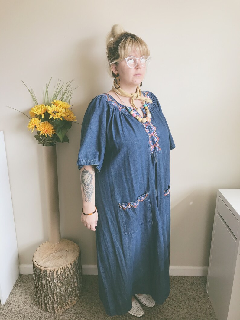 Denim Embroidered Caftan Cozy Denim MuMu 3X LG