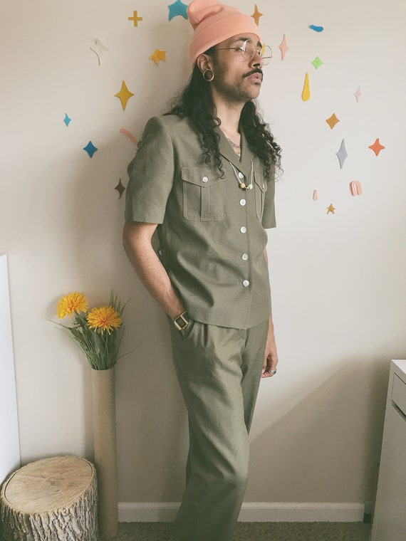 Authentic Olive Pendleton Linen Suit | 70s Green L
