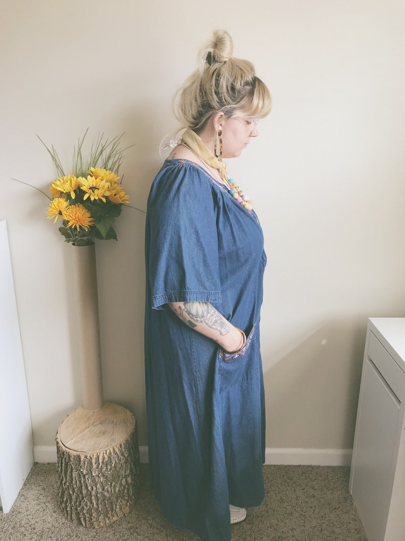 Denim Embroidered Caftan Cozy Denim MuMu 3X LG