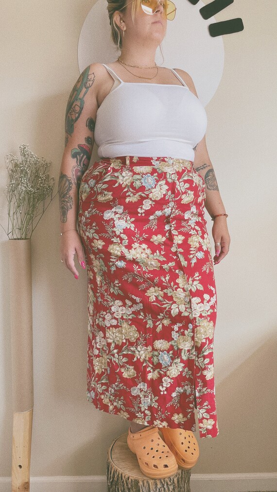 Red Floral Linen Maxi Skirt | Margot Tenenbaum Flo
