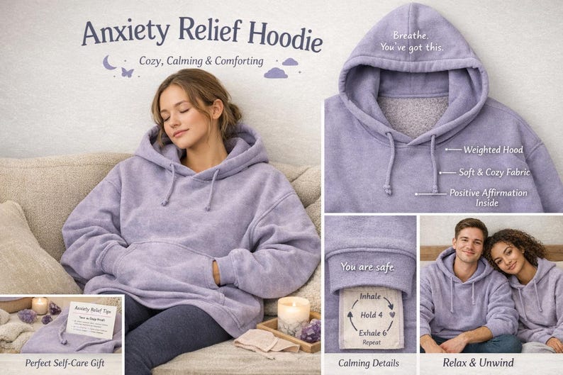 Anxiety Relief Hoodie für Stress & Ruhe | Psychische Gesundheit Self Care Wear | Weiches emotionales Unterstützungs-Geburtstags-Geschenk Bild 3