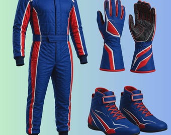 Vollständig maßgeschneidertes Rennanzug-Set, personalisierter Kart-Anzug mit passenden Handschuhen und Schuhen, benutzerdefiniertes Name Number Flaggen-Rennoutfit