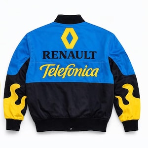 May include: A blue, black, and yellow racing jacket with the Renault and Telefonica logos. The jacket has a black collar and cuffs, with yellow flame designs on the sleeves. The back of the jacket is blue with black accents.