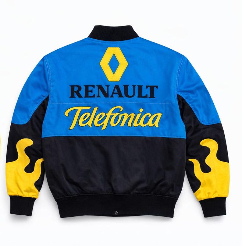 May include: A blue, black, and yellow racing jacket with the Renault and Telefonica logos. The jacket has a black collar and cuffs, with yellow flame designs on the sleeves. The back of the jacket is blue with black accents.
