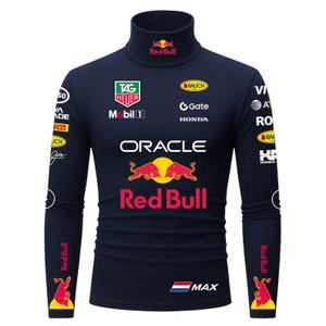 May include: Navy blue long-sleeved turtleneck top with various sponsor logos and the Red Bull logo. The top features the "ORACLE" logo and the text "MAX". The sleeves also display the Red Bull logo.