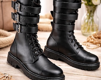 Botas Plateau Phantom com 3 fivelas, feitas à mão em couro, estilo militar, para combate, motociclismo e equitação, ideais para presente de aniversário.
