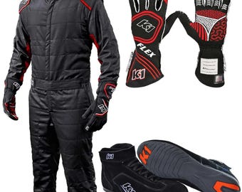 K1 inspiriertes Rennanzug-Set Gesteppter, schwarz-roter Kartanzug Passende Flex-Griff-Handschuhe und Rennstiefel Professionelles Fahrer-Bundle