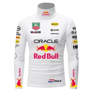 May include: White turtleneck top with various logos, including "Red Bull," "Oracle," and "TAG Heuer." The long-sleeved shirt displays the Red Bull logo on the chest and sleeves, alongside other sponsor branding.