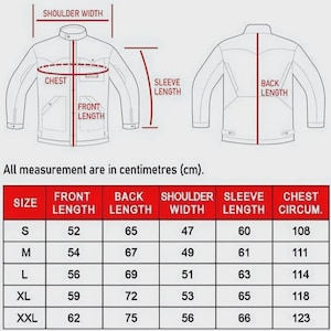 May include: Diagram of a jacket with measurements in centimeters. The image shows front and back views of the jacket, with labels for front length, back length, shoulder width, sleeve length, and chest circumference. A size chart is included.