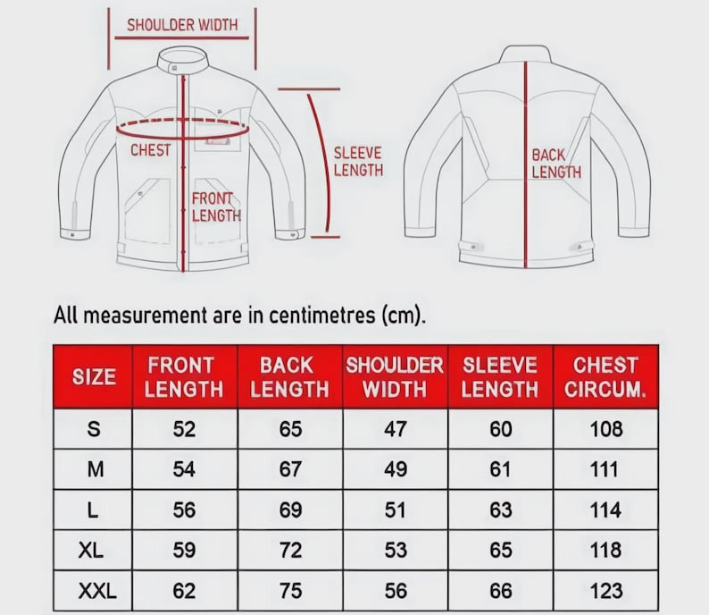 May include: Diagram of a jacket with measurements in centimeters. The image shows front and back views of the jacket, with labels for front length, back length, shoulder width, sleeve length, and chest circumference. A size chart is included.