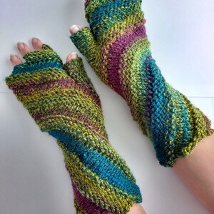 Hand knitted spiral fingerless gloves by Angela Gardner Studio Green