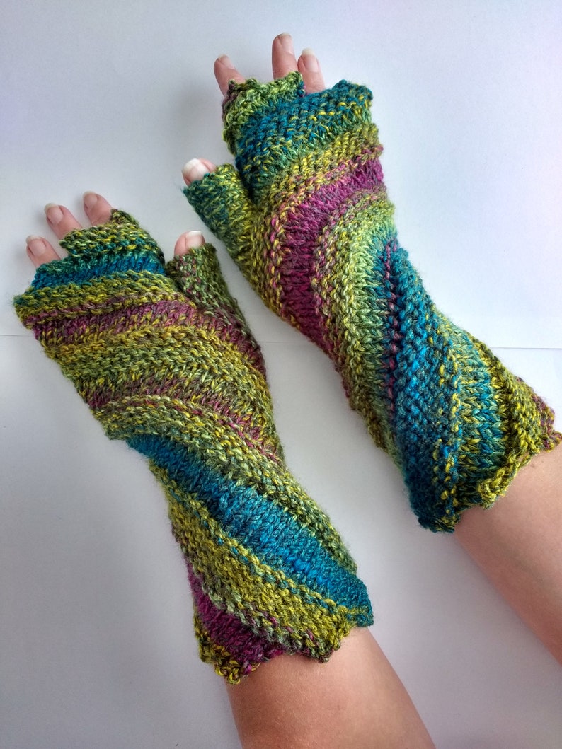 Hand knitted spiral fingerless gloves by Angela Gardner Studio Green